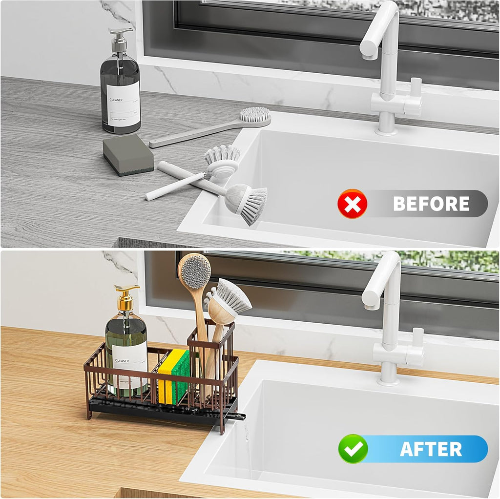 Cisily Black Sponge Holder for Kitchen Sink, Sink Caddy Organizer with High Brush Holder,