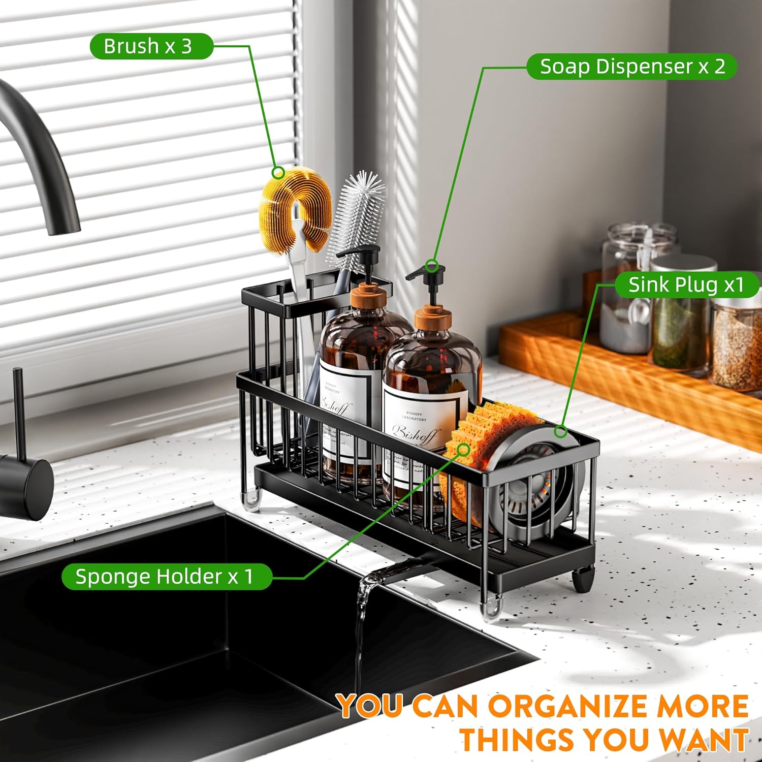 Cisily Black Sponge Holder for Kitchen Sink, Sink Caddy Organizer with High Brush Holder,