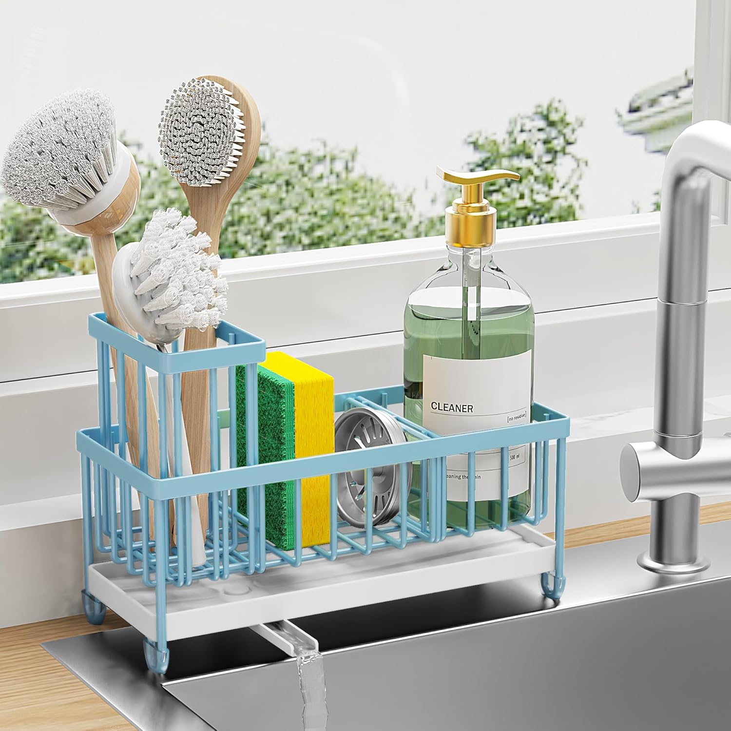 Cisily Black Sponge Holder for Kitchen Sink, Sink Caddy Organizer with High Brush Holder,
