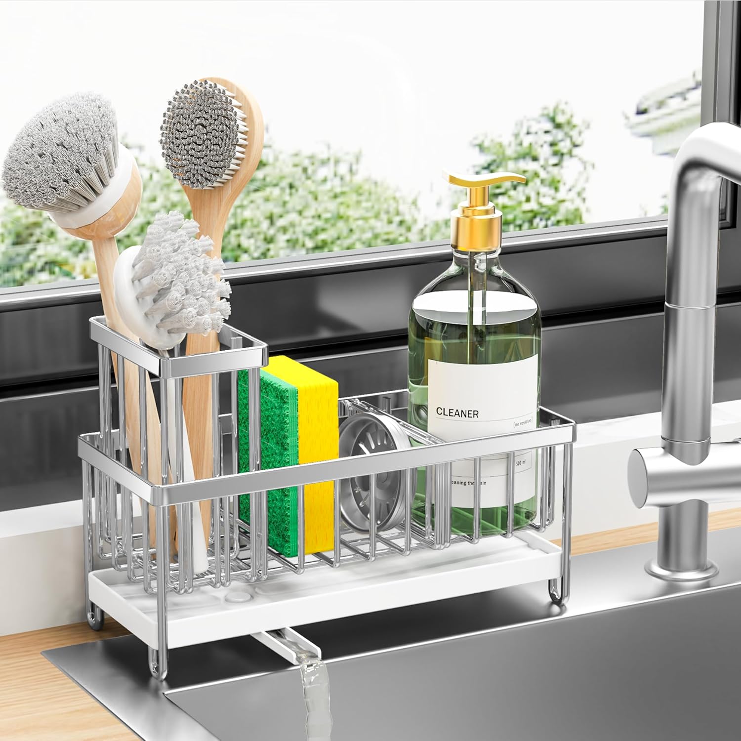 Cisily Black Sponge Holder for Kitchen Sink, Sink Caddy Organizer with High Brush Holder,