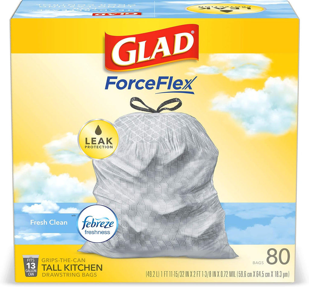 Glad Tall Kitchen Drawstring Trash Bags - Odorshield 13 Gallon White Trash Bag,