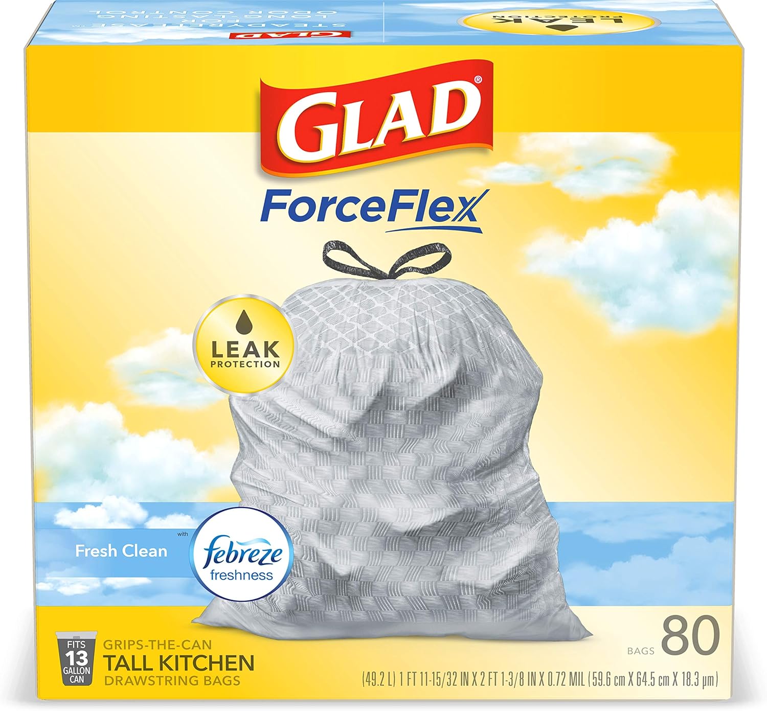 Glad Tall Kitchen Drawstring Trash Bags - Odorshield 13 Gallon White Trash Bag,
