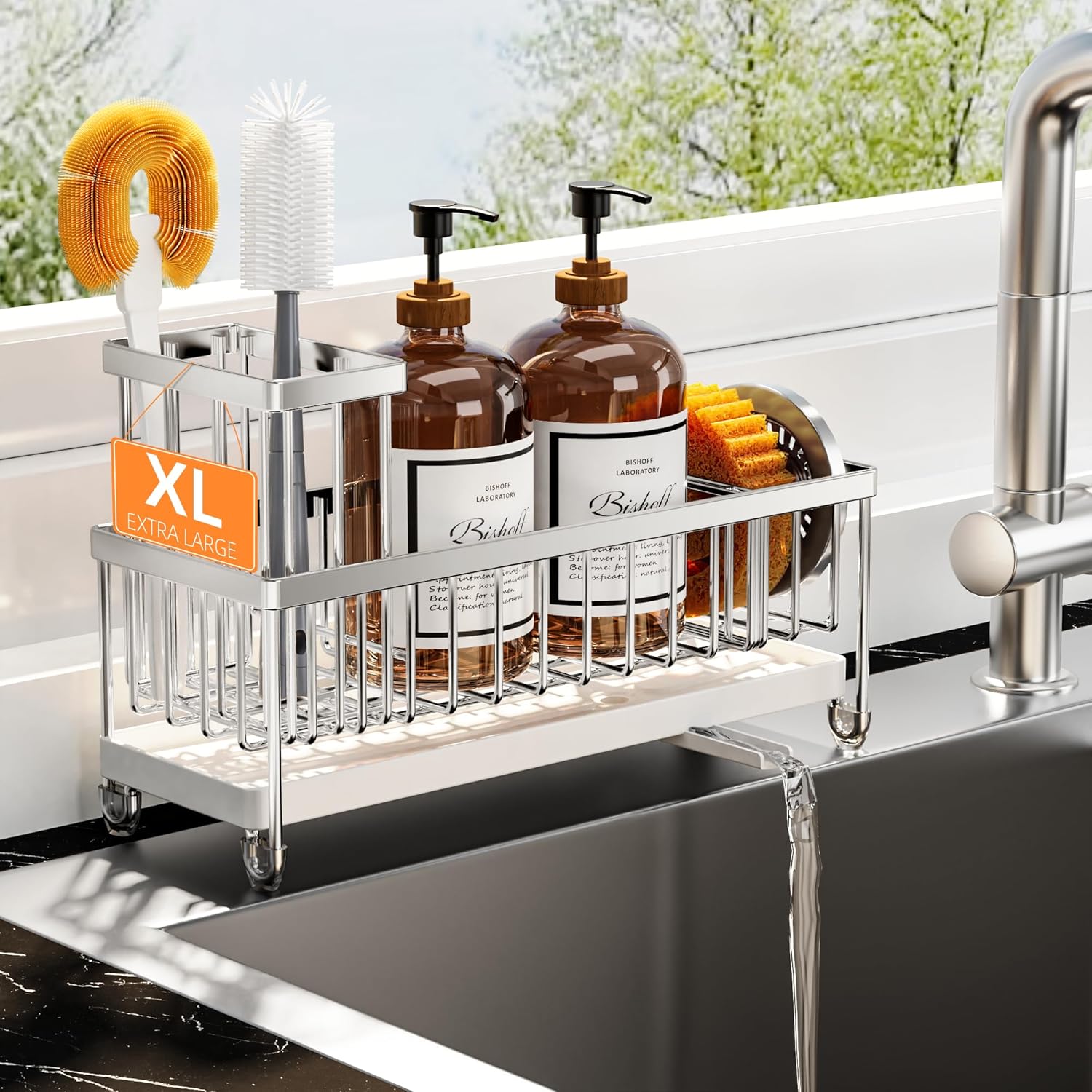 Cisily Black Sponge Holder for Kitchen Sink, Sink Caddy Organizer with High Brush Holder,