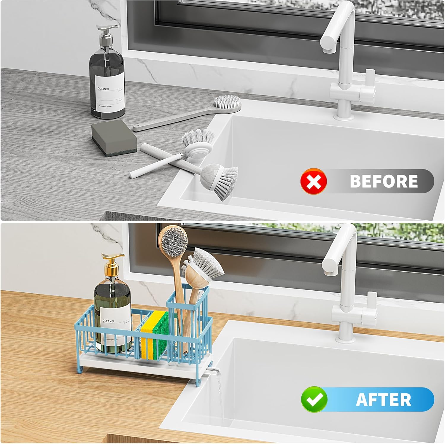 Cisily Black Sponge Holder for Kitchen Sink, Sink Caddy Organizer with High Brush Holder,