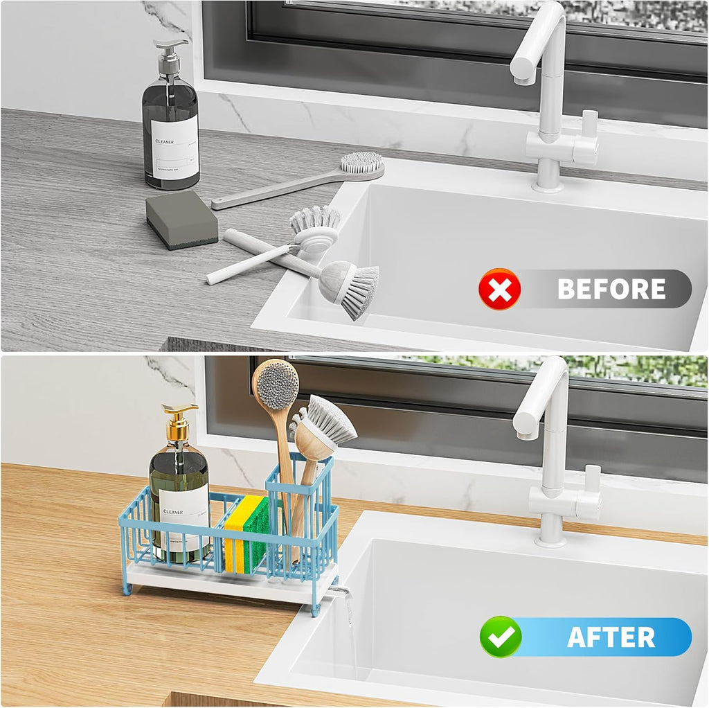 Cisily Black Sponge Holder for Kitchen Sink, Sink Caddy Organizer with High Brush Holder,