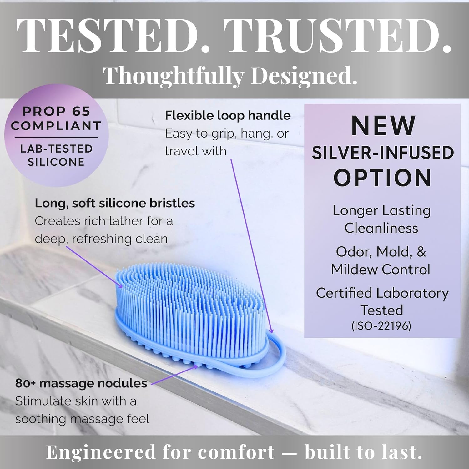 Avilana Silicone Body Scrubber – Gentle Shower Brush & Loofah Alternative – Silver-Infused Options – Fast-Drying, Hygienic