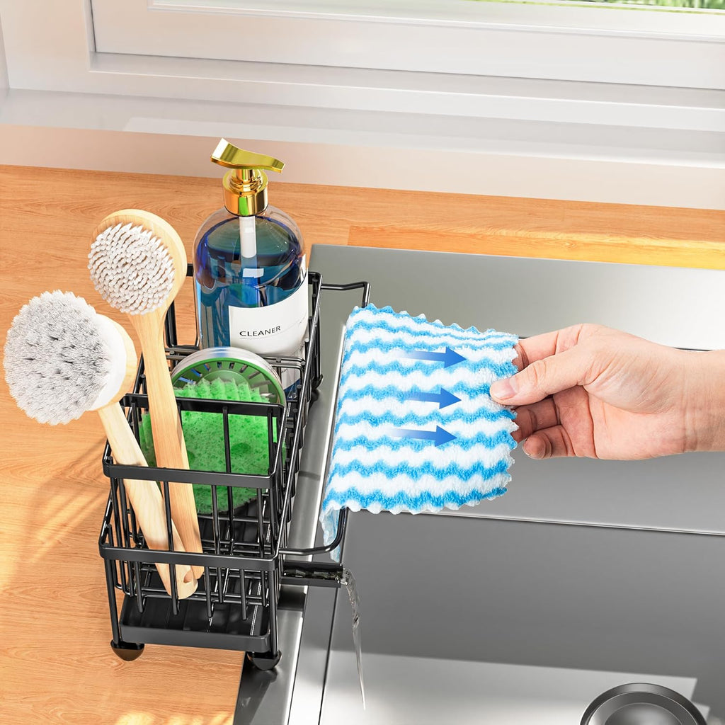 Cisily Black Sponge Holder for Kitchen Sink, Sink Caddy Organizer with High Brush Holder,