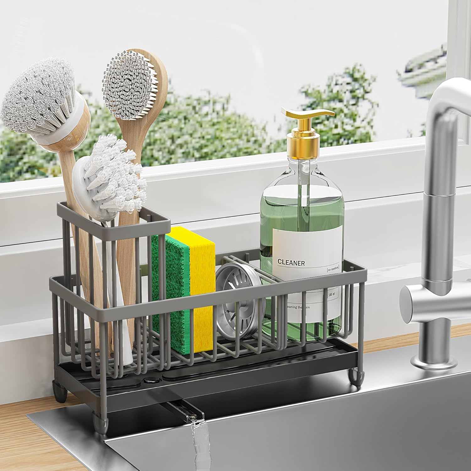 Cisily Black Sponge Holder for Kitchen Sink, Sink Caddy Organizer with High Brush Holder,