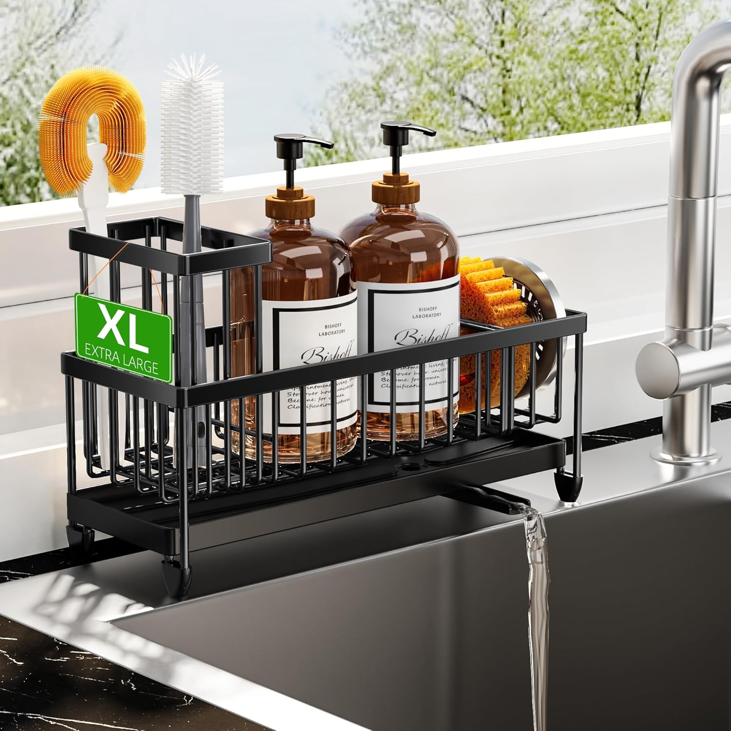 Cisily Black Sponge Holder for Kitchen Sink, Sink Caddy Organizer with High Brush Holder,