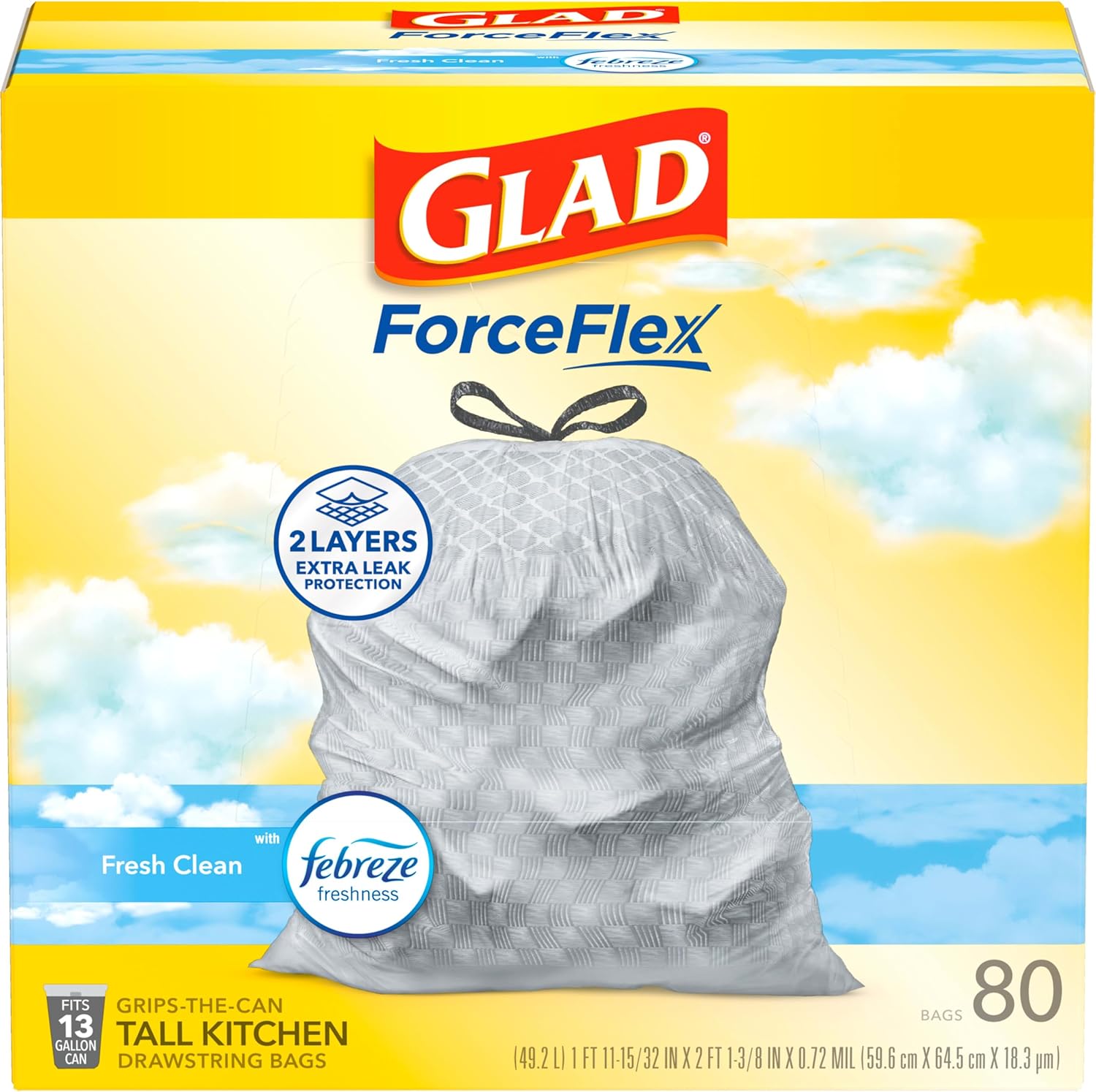 Glad Tall Kitchen Drawstring Trash Bags - Odorshield 13 Gallon White Trash Bag,