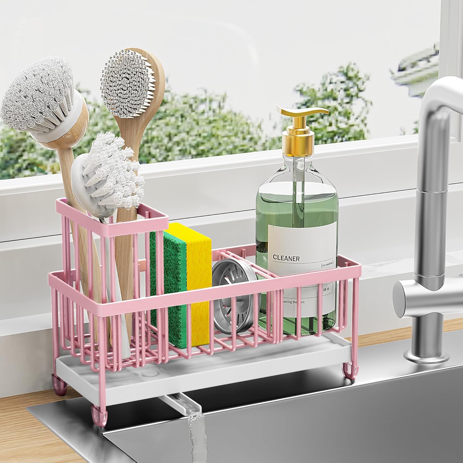 Cisily Black Sponge Holder for Kitchen Sink, Sink Caddy Organizer with High Brush Holder,