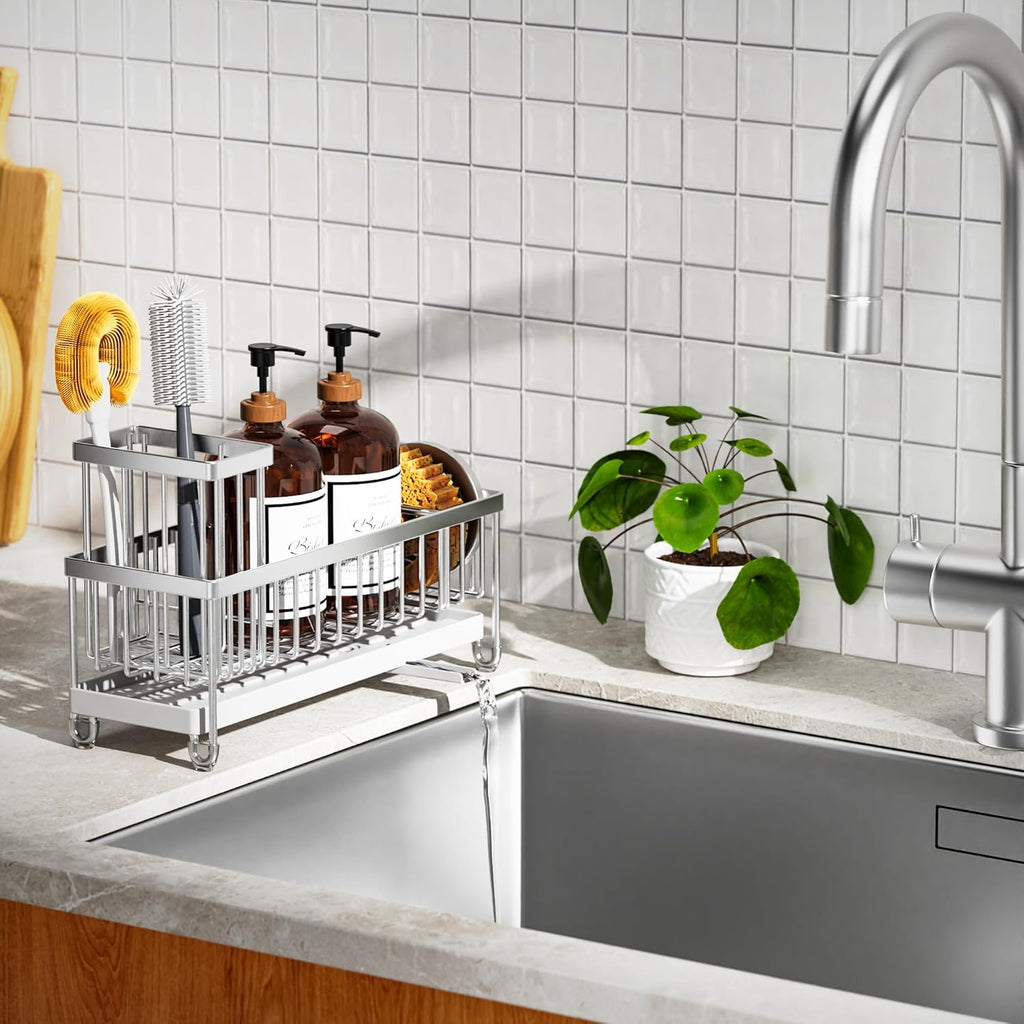 Cisily Black Sponge Holder for Kitchen Sink, Sink Caddy Organizer with High Brush Holder,