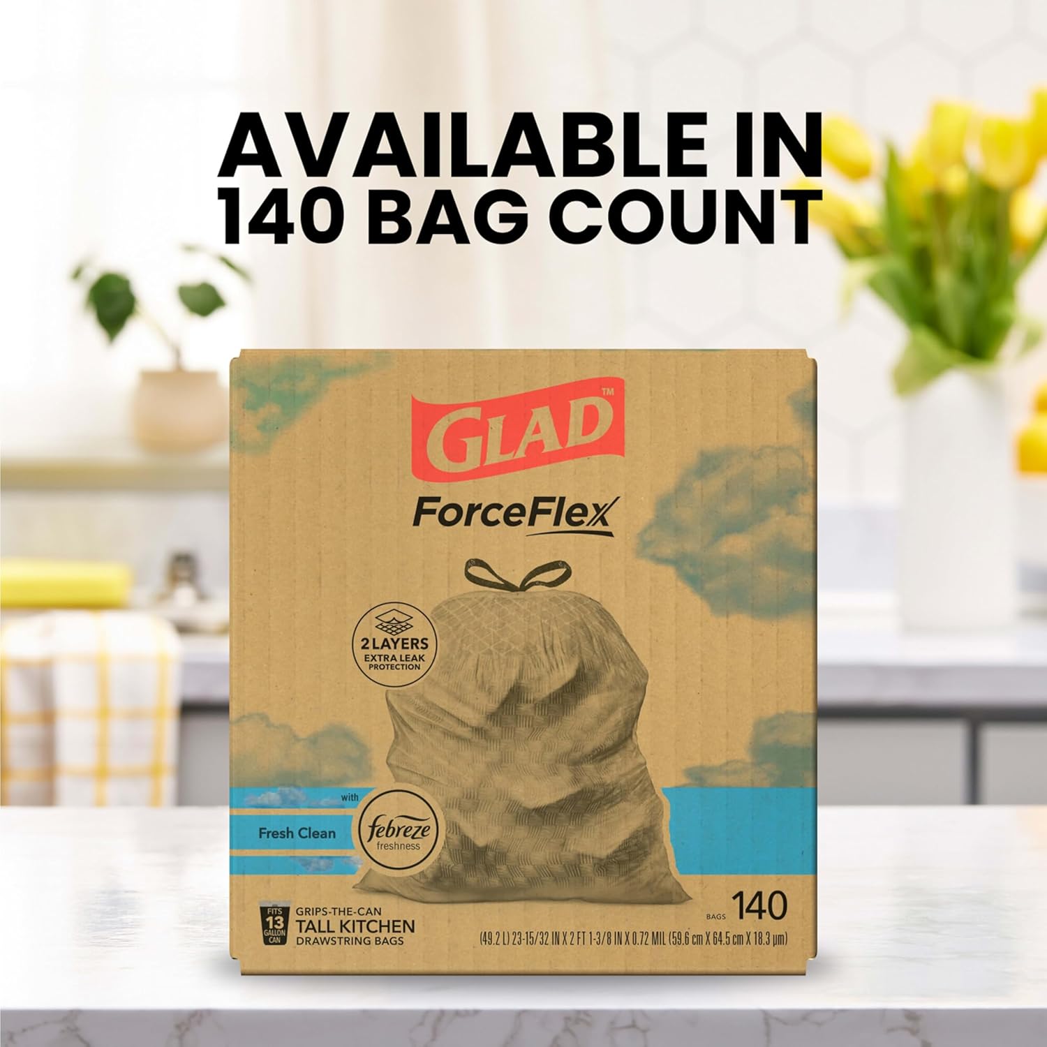 Glad Tall Kitchen Drawstring Trash Bags - Odorshield 13 Gallon White Trash Bag,