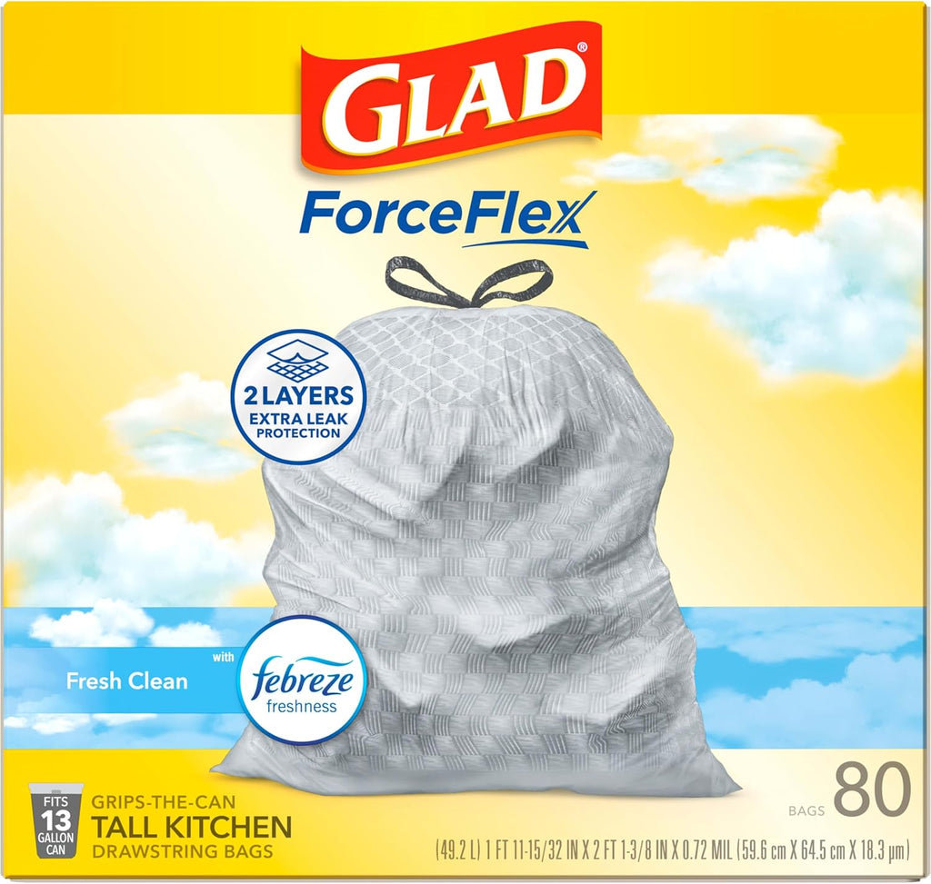 Glad Tall Kitchen Drawstring Trash Bags - Odorshield 13 Gallon White Trash Bag,