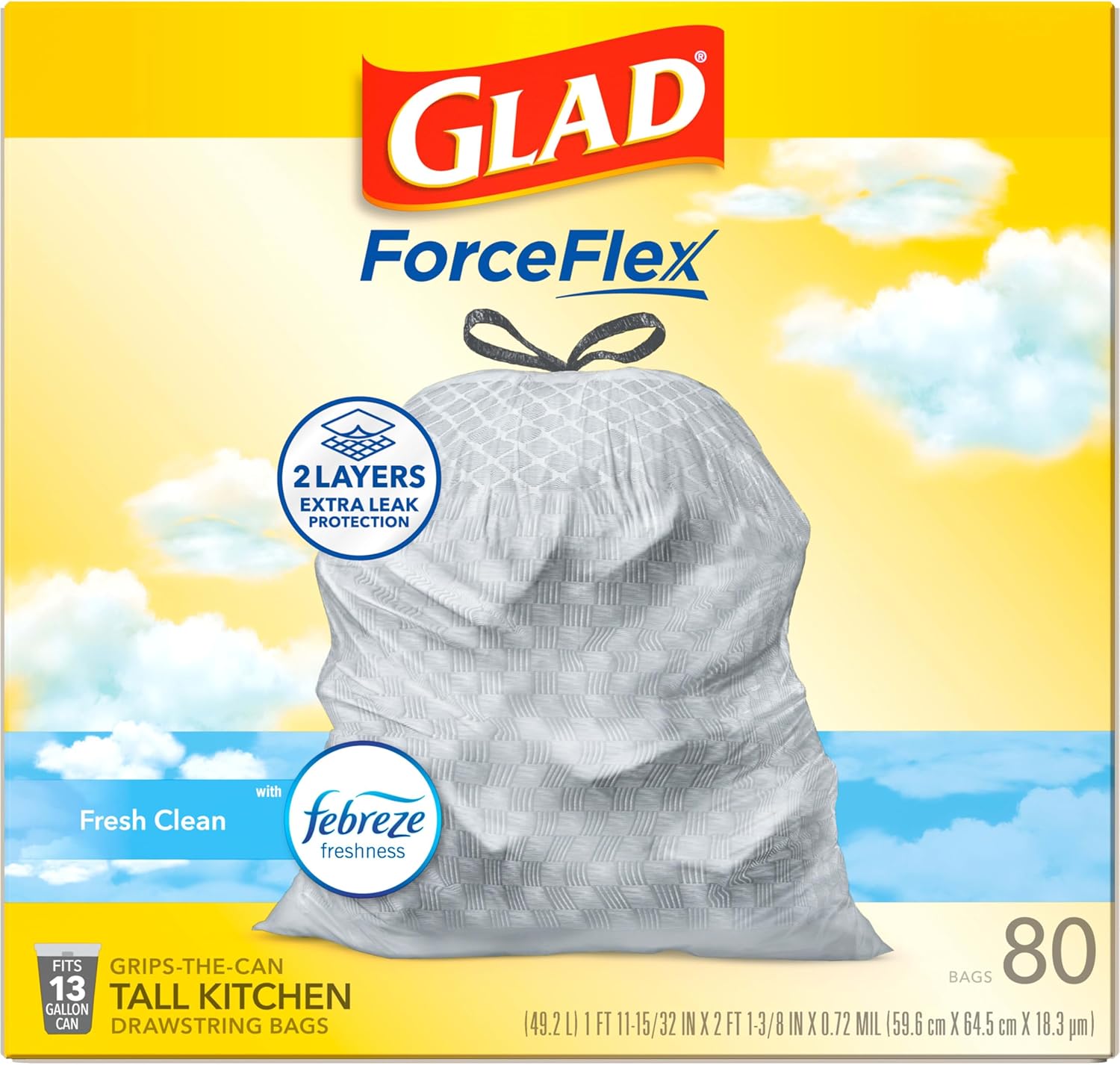Glad Tall Kitchen Drawstring Trash Bags - Odorshield 13 Gallon White Trash Bag,