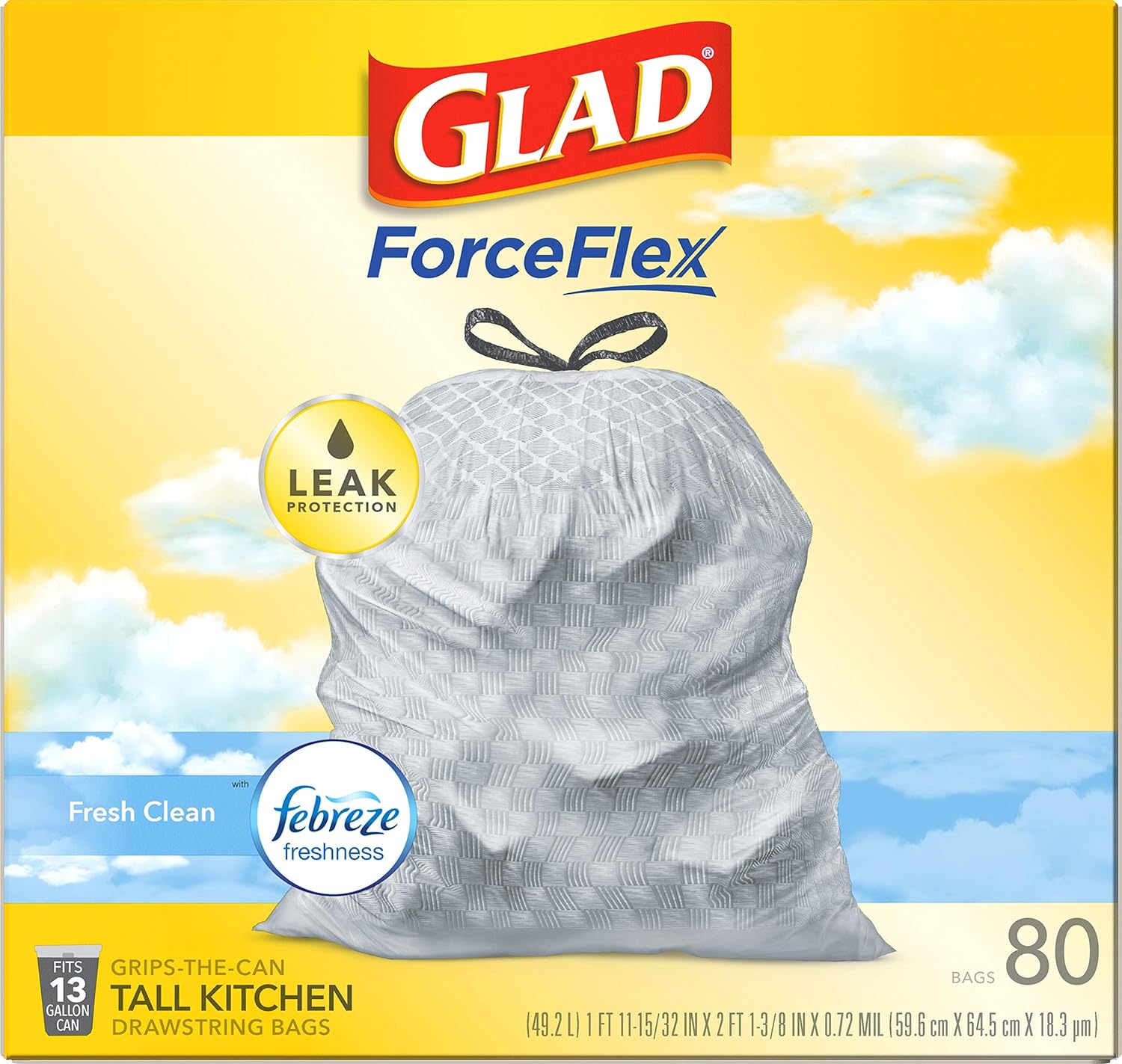 Glad Tall Kitchen Drawstring Trash Bags - Odorshield 13 Gallon White Trash Bag,