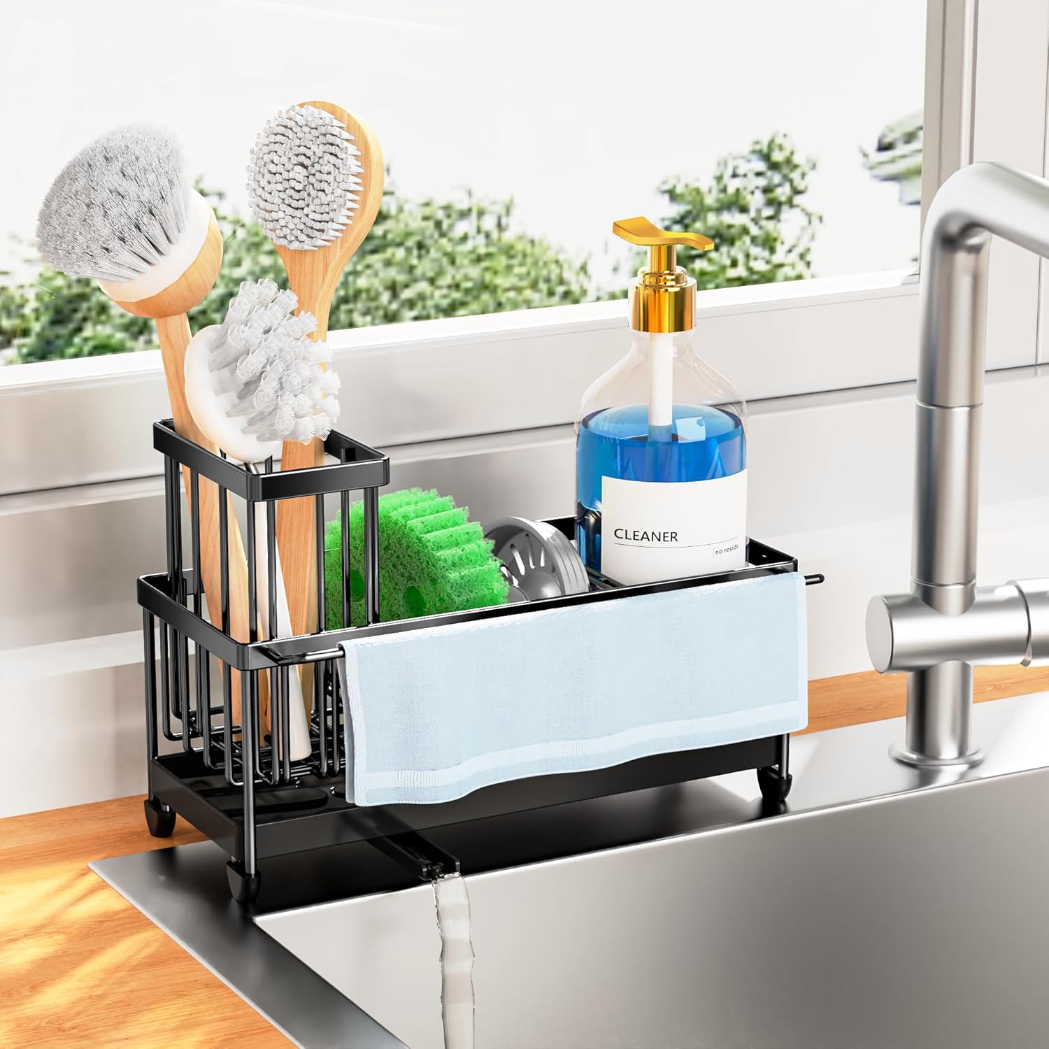 Cisily Black Sponge Holder for Kitchen Sink, Sink Caddy Organizer with High Brush Holder,