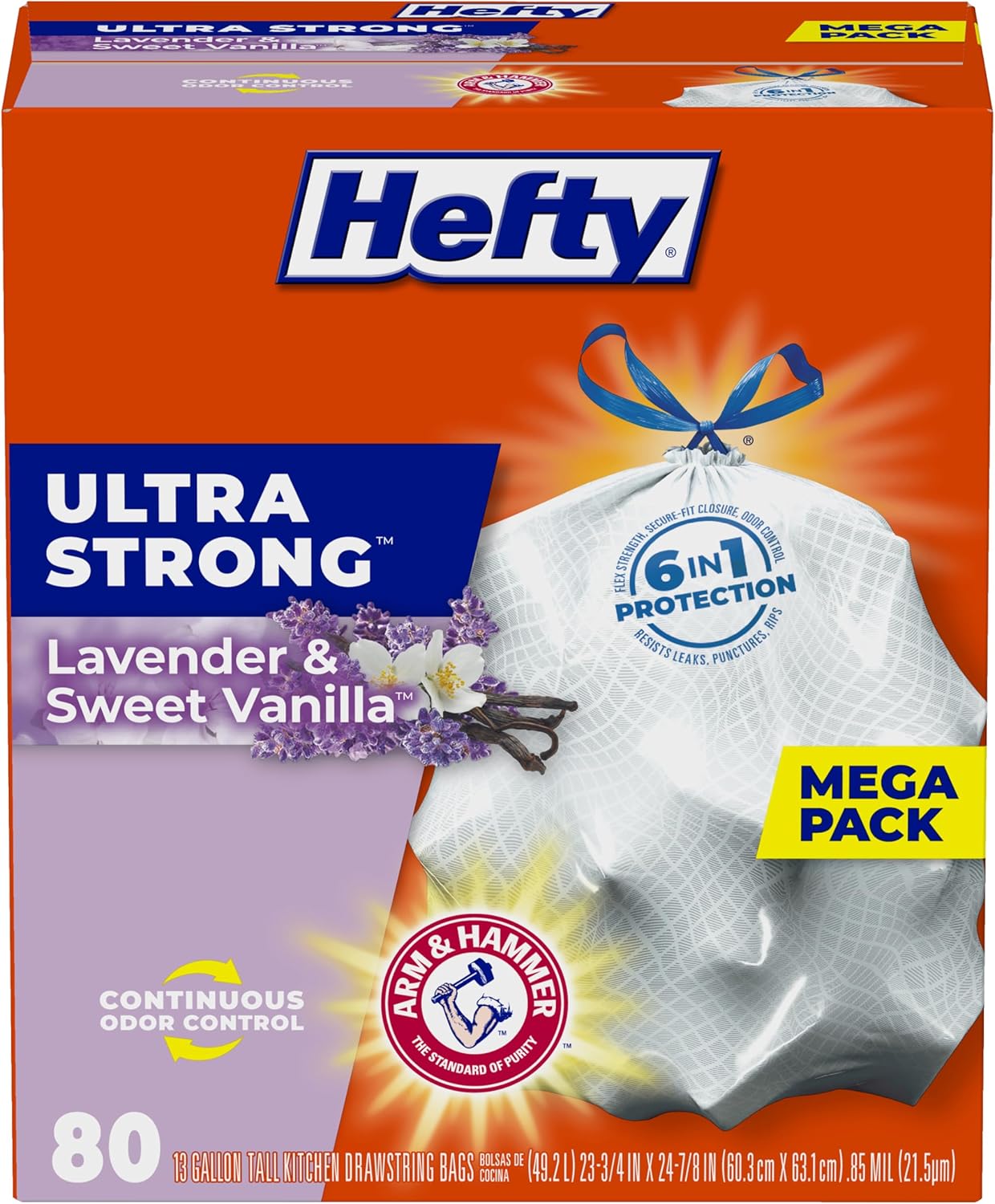 Premium Lavender-Vanilla Kitchen Trash Bags: Hefty, Extra Strong, 13 Gallon, 80 Count