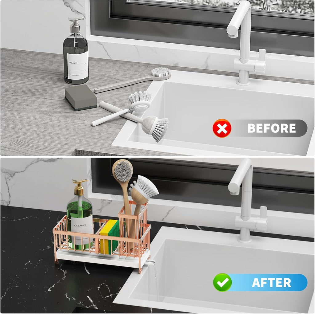 Cisily Black Sponge Holder for Kitchen Sink, Sink Caddy Organizer with High Brush Holder,