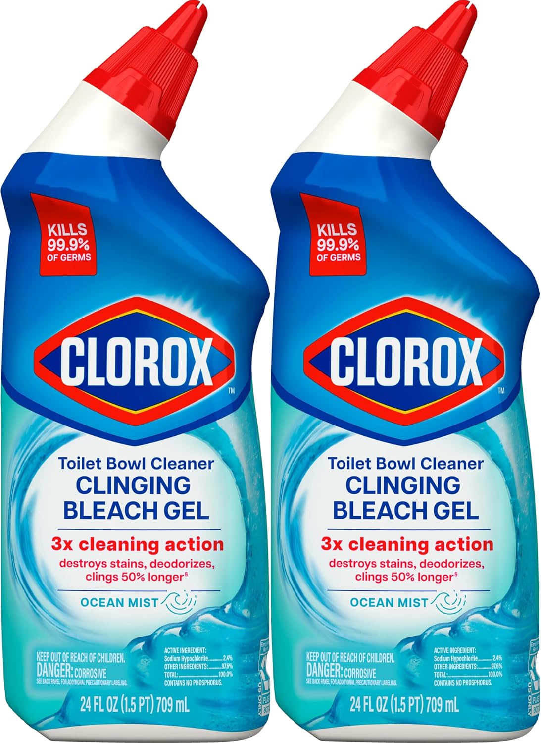 Clorox Toilet Bowl Cleaner, Clinging Bleach Gel, Ocean Mist - 24 Ounces, Pack of 2