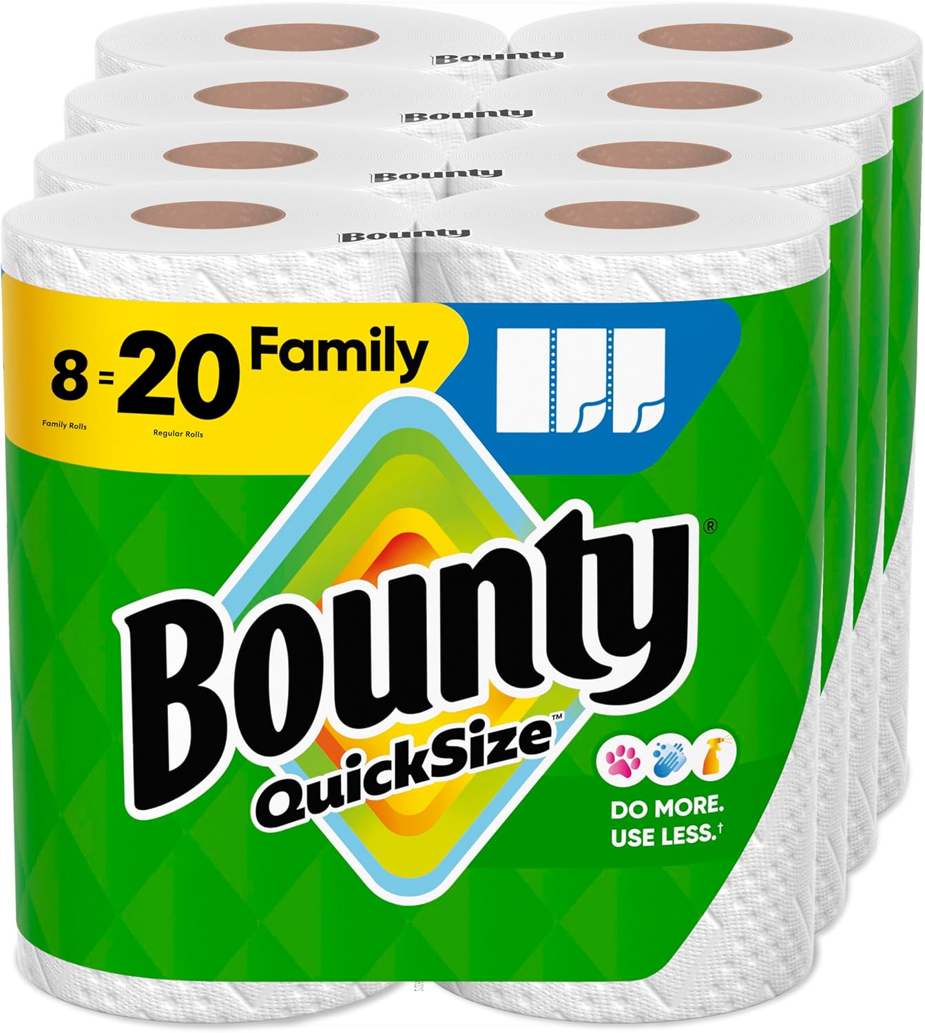Bounty Quick-Size Paper Towels (Equivalent to 20 Regular Rolls) - Family Pack, White, 8 Rolls