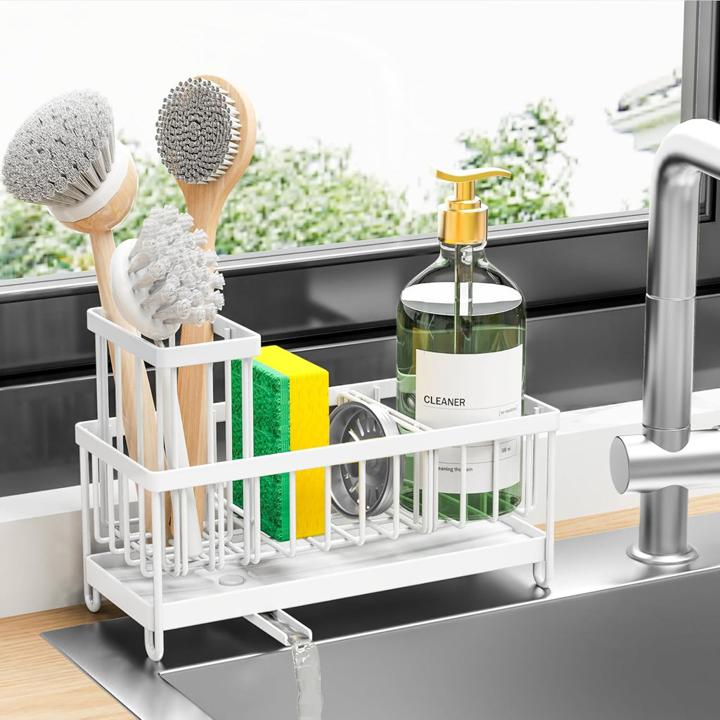 Cisily Black Sponge Holder for Kitchen Sink, Sink Caddy Organizer with High Brush Holder,
