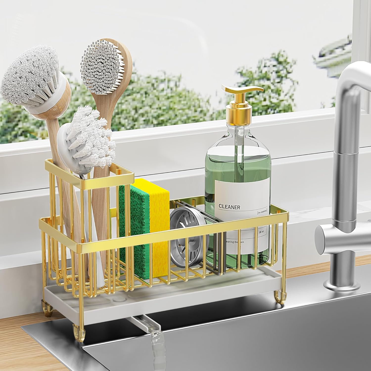 Cisily Black Sponge Holder for Kitchen Sink, Sink Caddy Organizer with High Brush Holder,