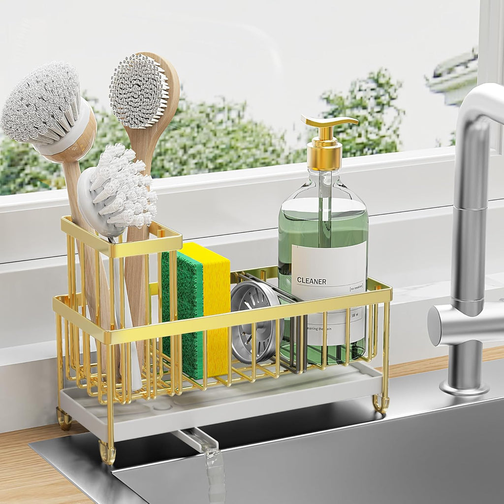 Cisily Black Sponge Holder for Kitchen Sink, Sink Caddy Organizer with High Brush Holder,
