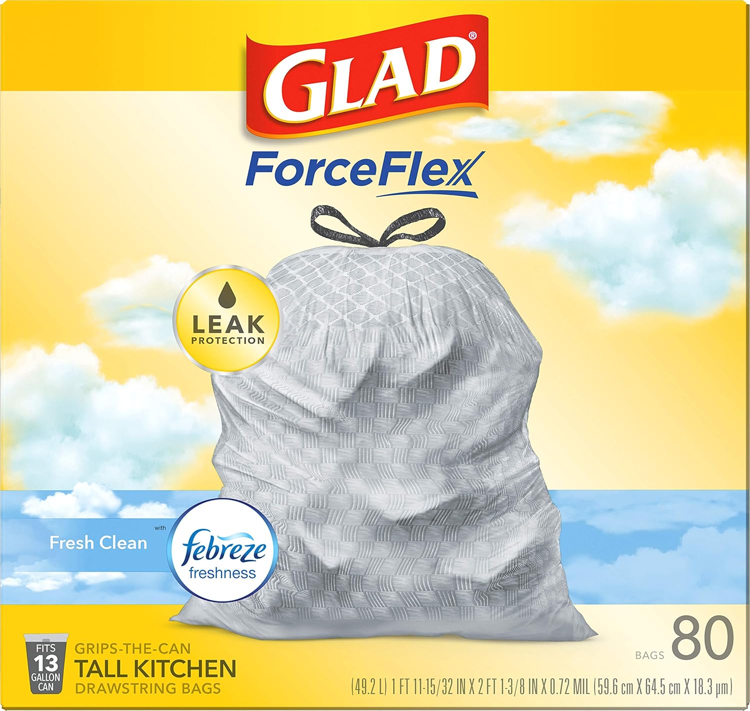 Glad Tall Kitchen Drawstring Trash Bags - Odorshield 13 Gallon White Trash Bag,