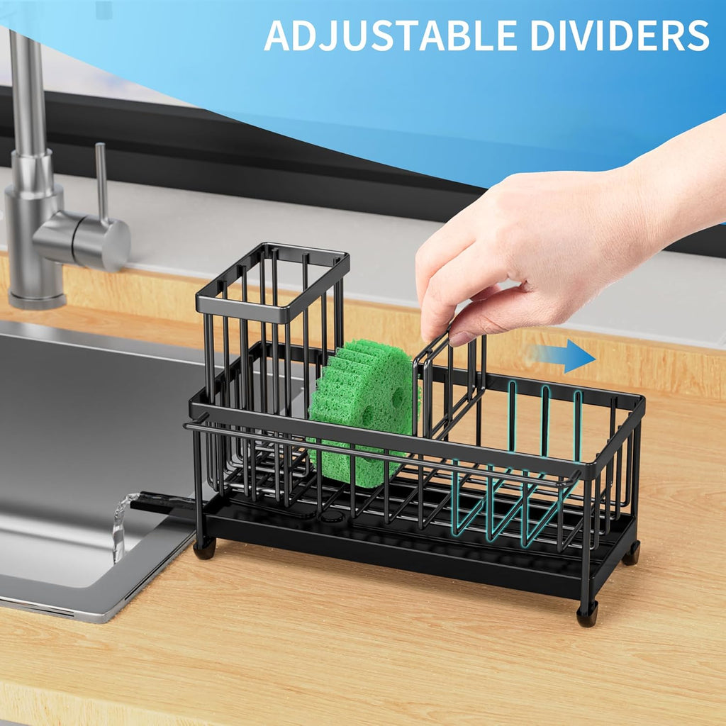 Cisily Black Sponge Holder for Kitchen Sink, Sink Caddy Organizer with High Brush Holder,