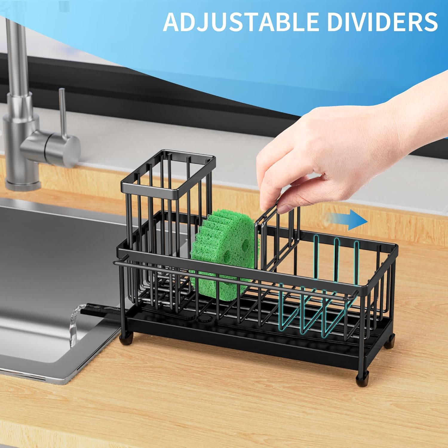 Cisily Black Sponge Holder for Kitchen Sink, Sink Caddy Organizer with High Brush Holder,