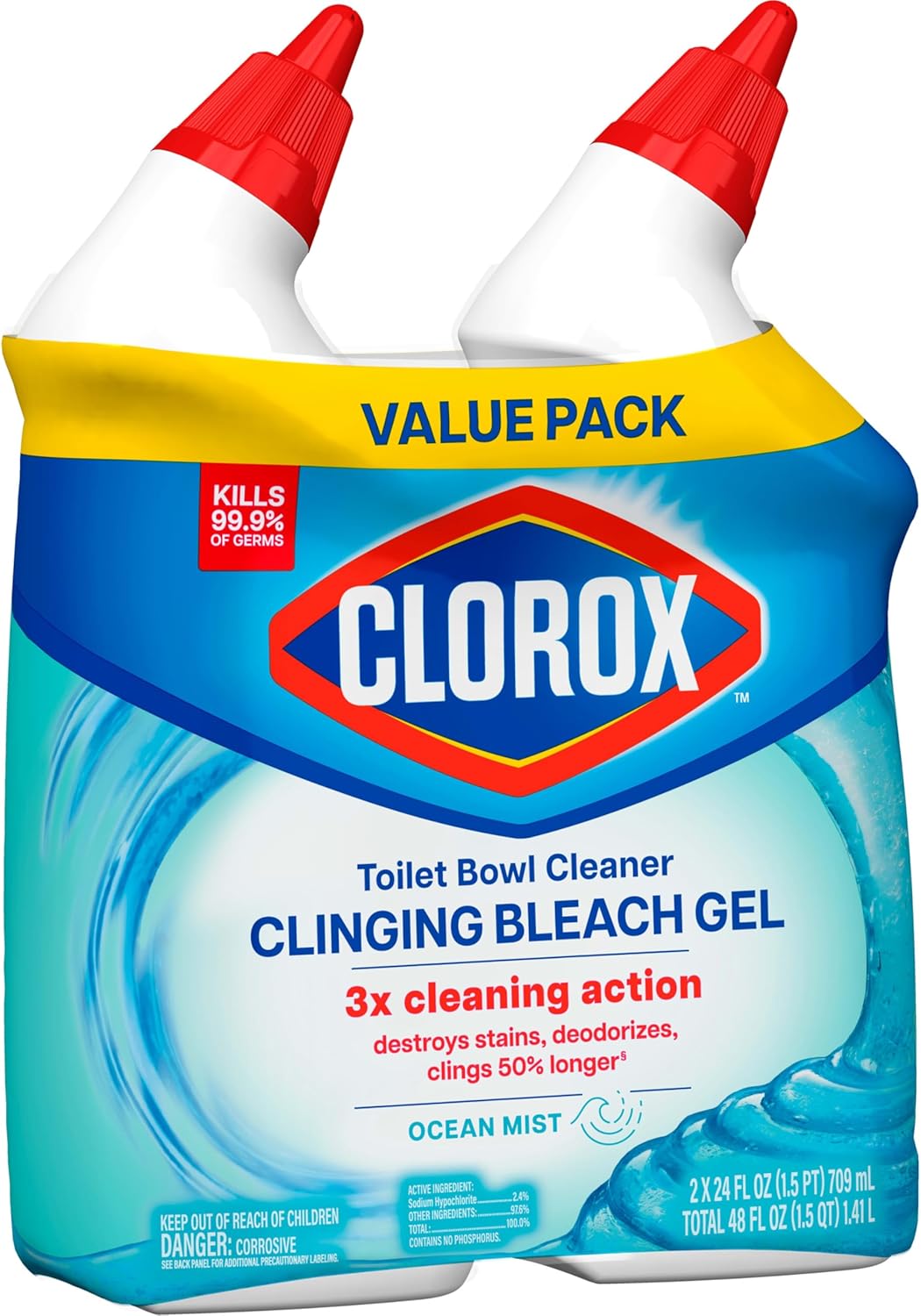 Clorox Toilet Bowl Cleaner, Clinging Bleach Gel, Ocean Mist - 24 Ounces, Pack of 2