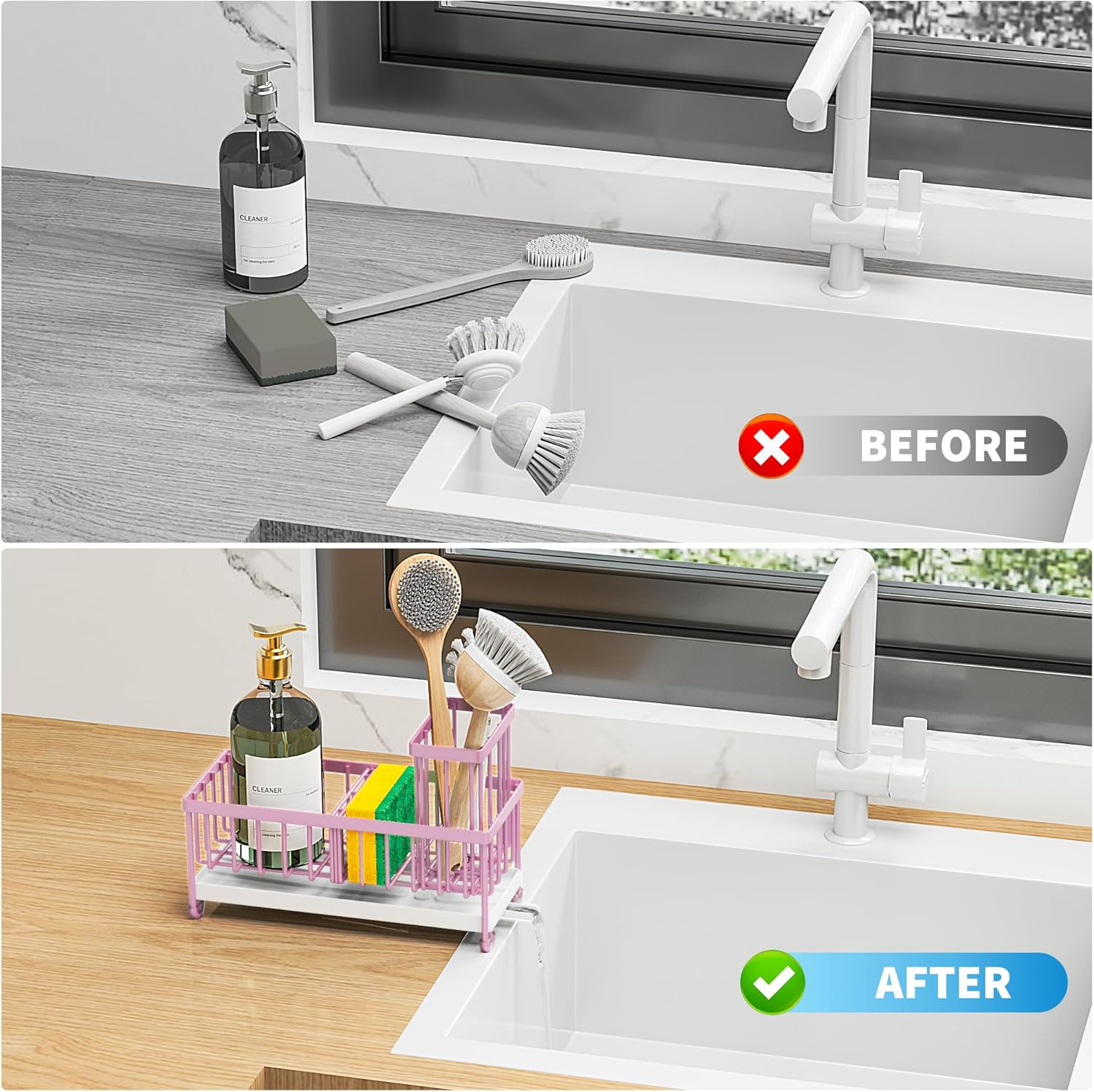 Cisily Black Sponge Holder for Kitchen Sink, Sink Caddy Organizer with High Brush Holder,