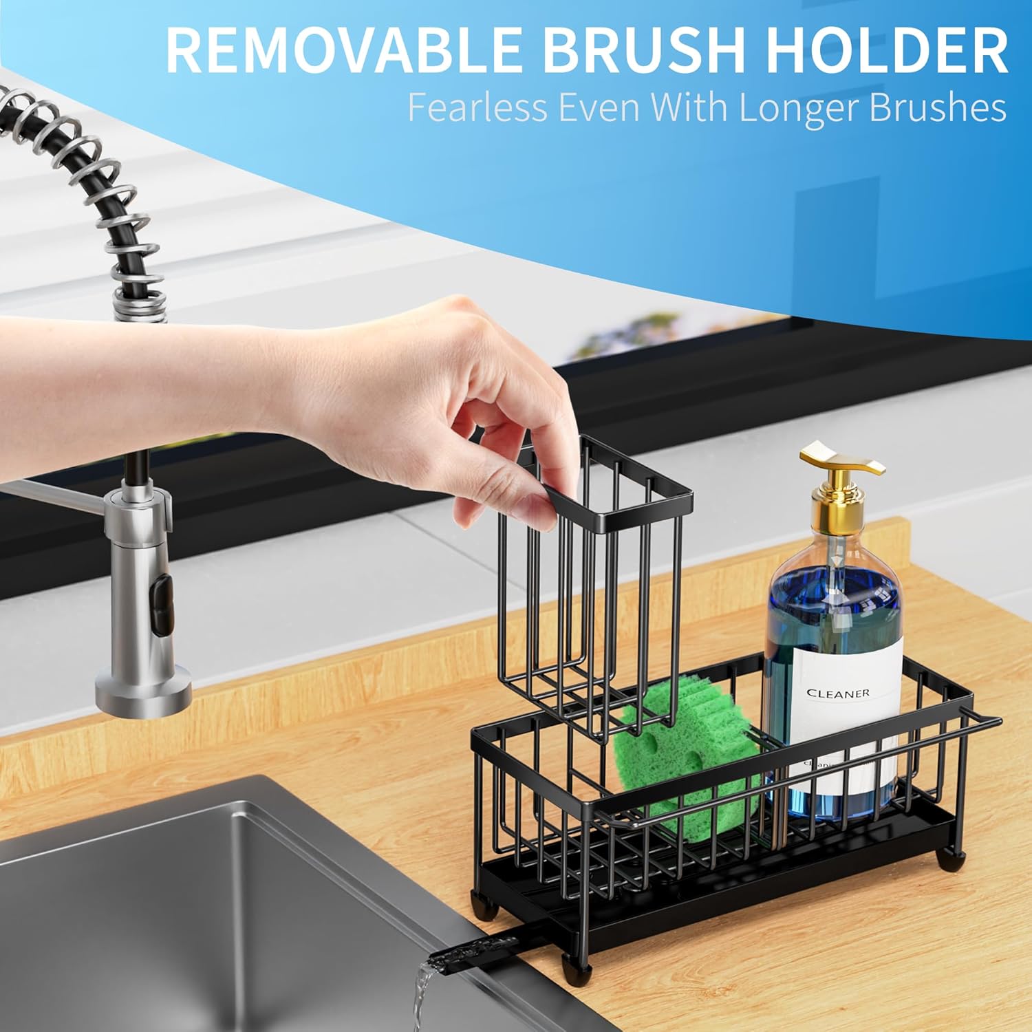 Cisily Black Sponge Holder for Kitchen Sink, Sink Caddy Organizer with High Brush Holder,