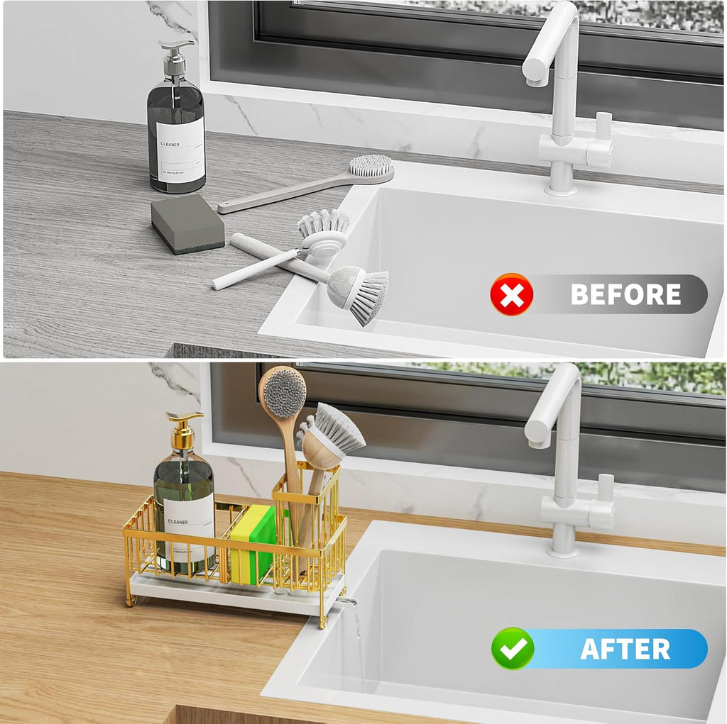 Cisily Black Sponge Holder for Kitchen Sink, Sink Caddy Organizer with High Brush Holder,