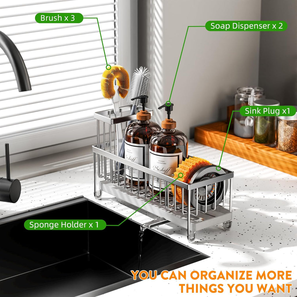 Cisily Black Sponge Holder for Kitchen Sink, Sink Caddy Organizer with High Brush Holder,