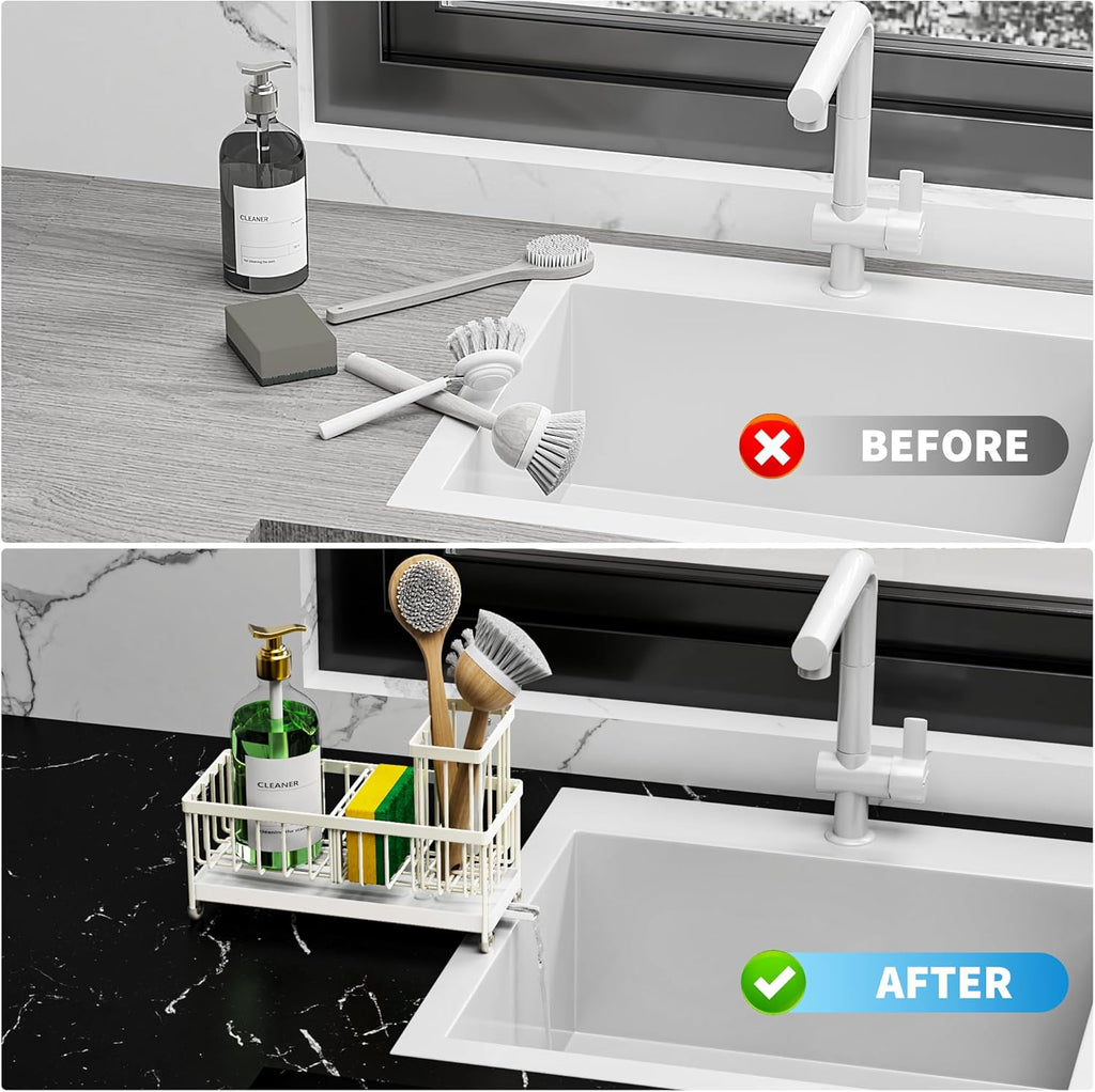 Cisily Black Sponge Holder for Kitchen Sink, Sink Caddy Organizer with High Brush Holder,