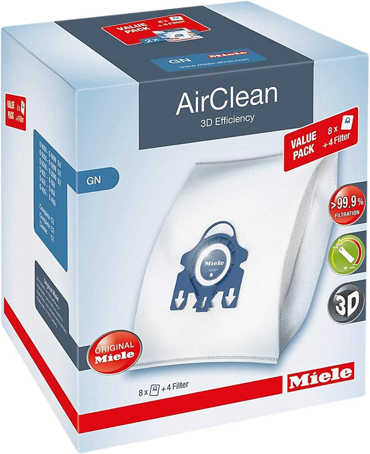 Miele 10123210 AirClean 3D Efficiency Dust Bag, Type GN, 4 Bags & 2 Filters, White