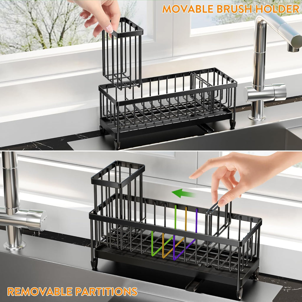 Cisily Black Sponge Holder for Kitchen Sink, Sink Caddy Organizer with High Brush Holder,