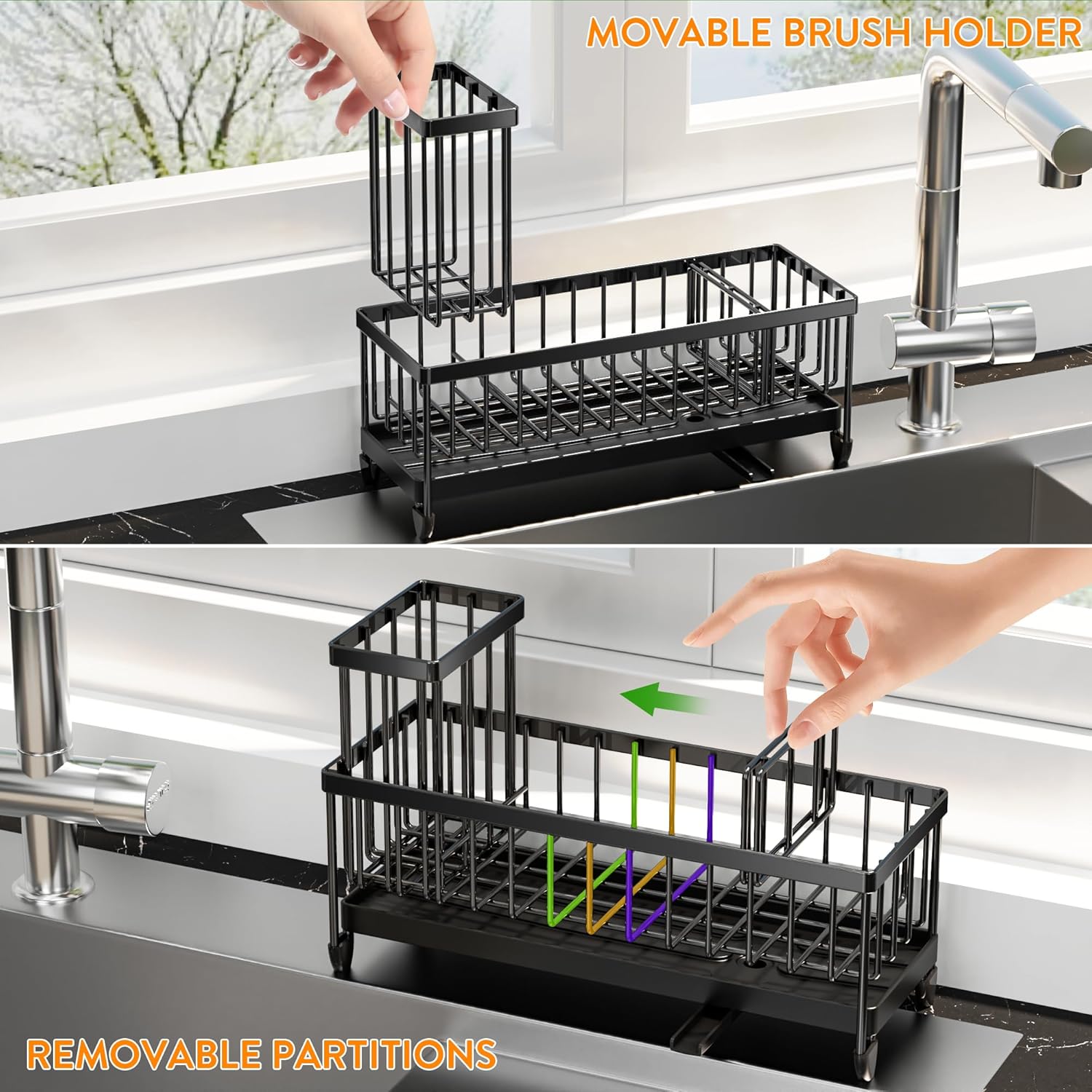 Cisily Black Sponge Holder for Kitchen Sink, Sink Caddy Organizer with High Brush Holder,