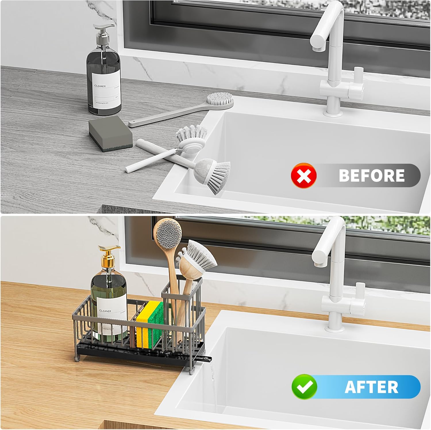 Cisily Black Sponge Holder for Kitchen Sink, Sink Caddy Organizer with High Brush Holder,