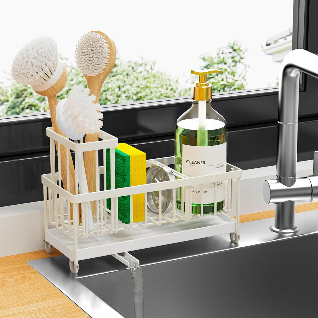 Cisily Black Sponge Holder for Kitchen Sink, Sink Caddy Organizer with High Brush Holder,