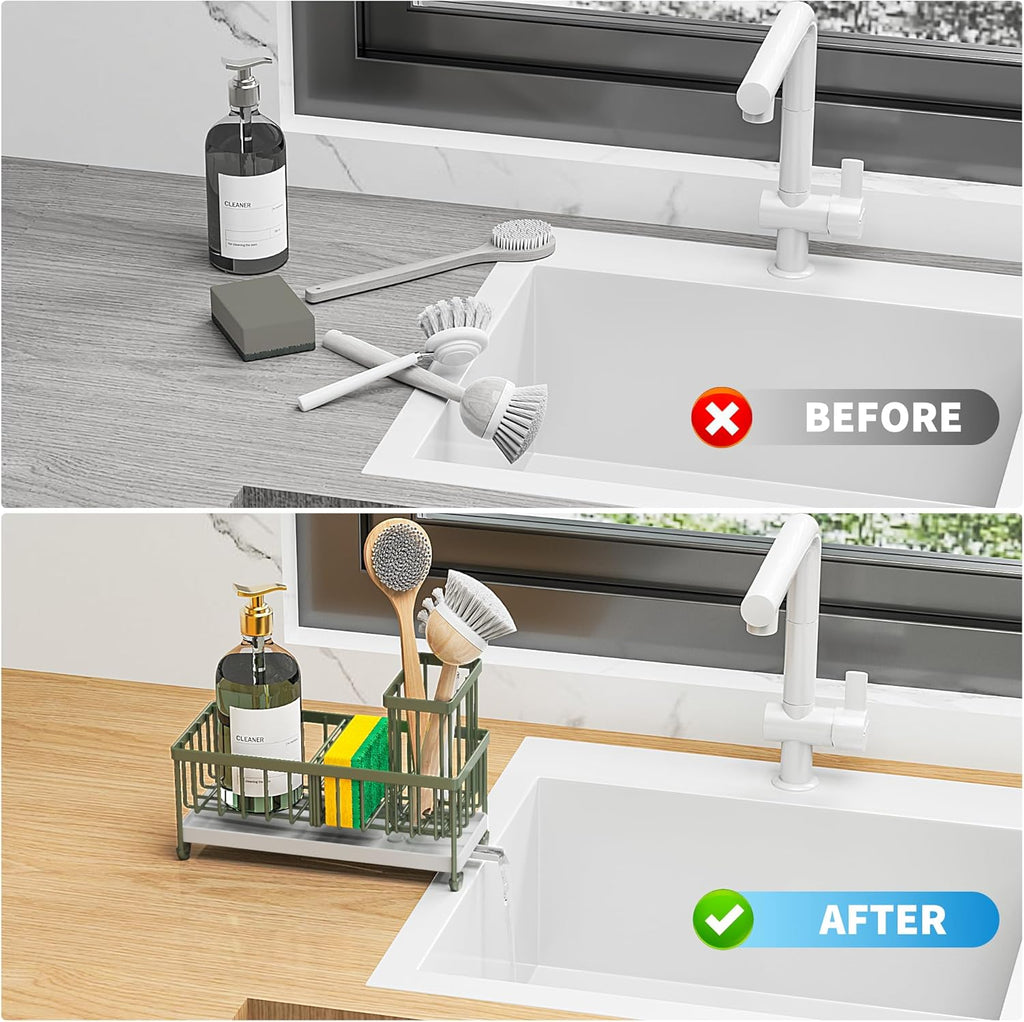 Cisily Black Sponge Holder for Kitchen Sink, Sink Caddy Organizer with High Brush Holder,