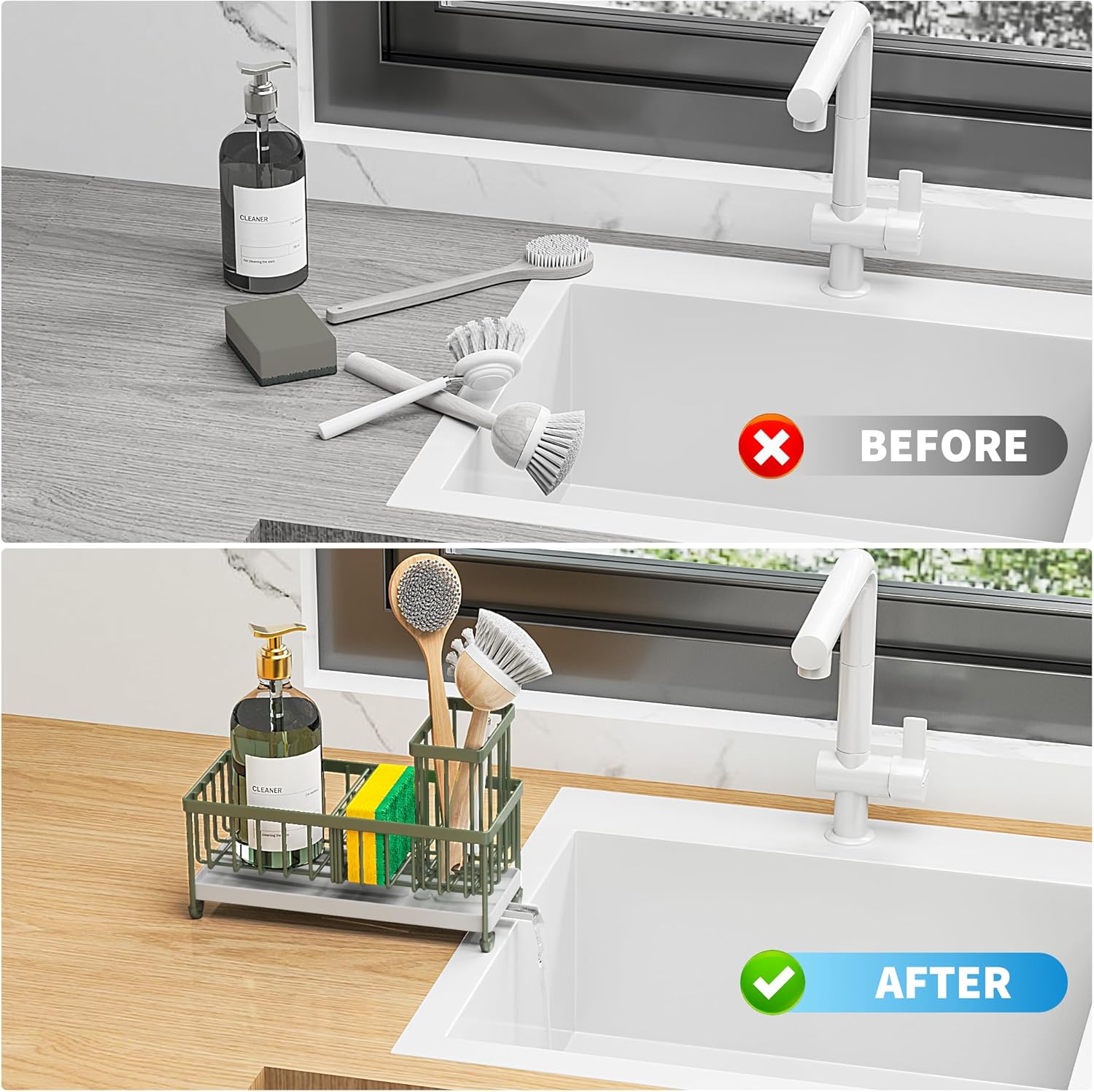 Cisily Black Sponge Holder for Kitchen Sink, Sink Caddy Organizer with High Brush Holder,