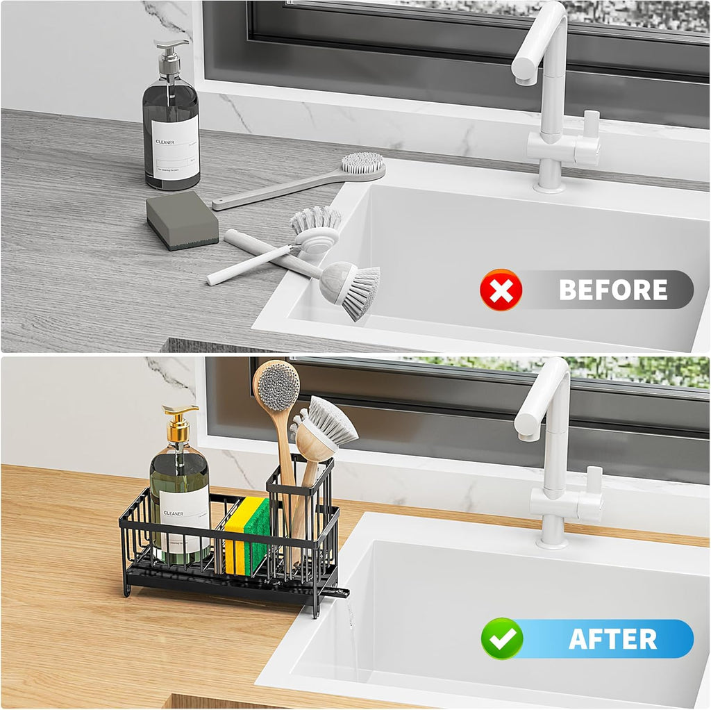 Cisily Black Sponge Holder for Kitchen Sink, Sink Caddy Organizer with High Brush Holder,