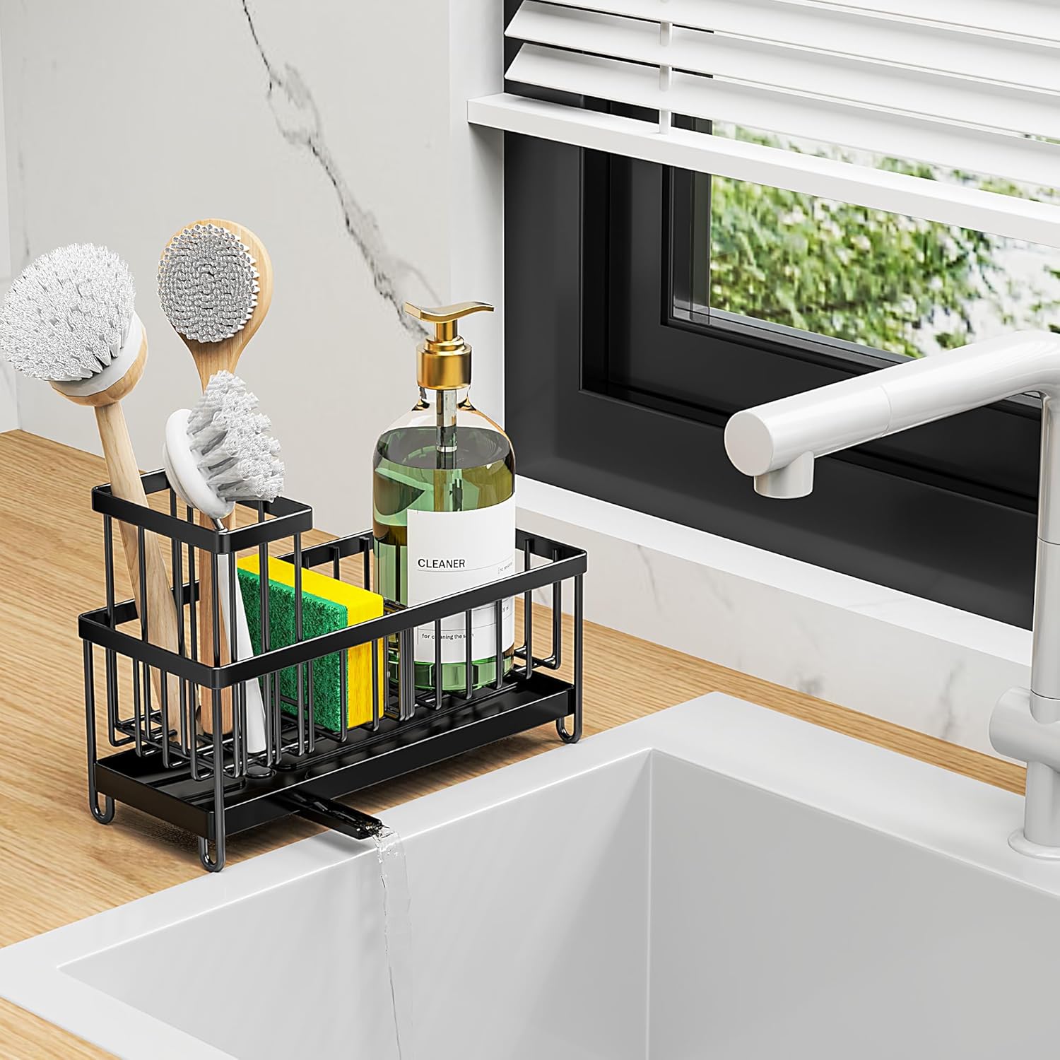 Cisily Black Sponge Holder for Kitchen Sink, Sink Caddy Organizer with High Brush Holder,