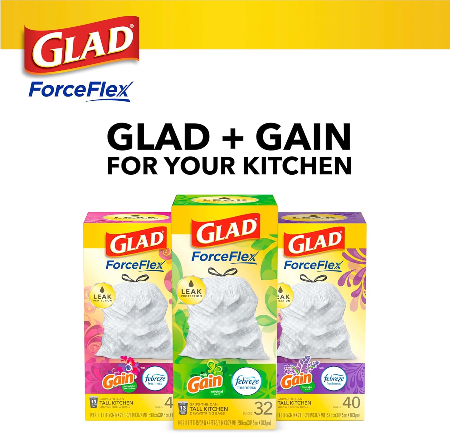 Glad Tall Kitchen Drawstring Trash Bags - Odorshield 13 Gallon White Trash Bag,