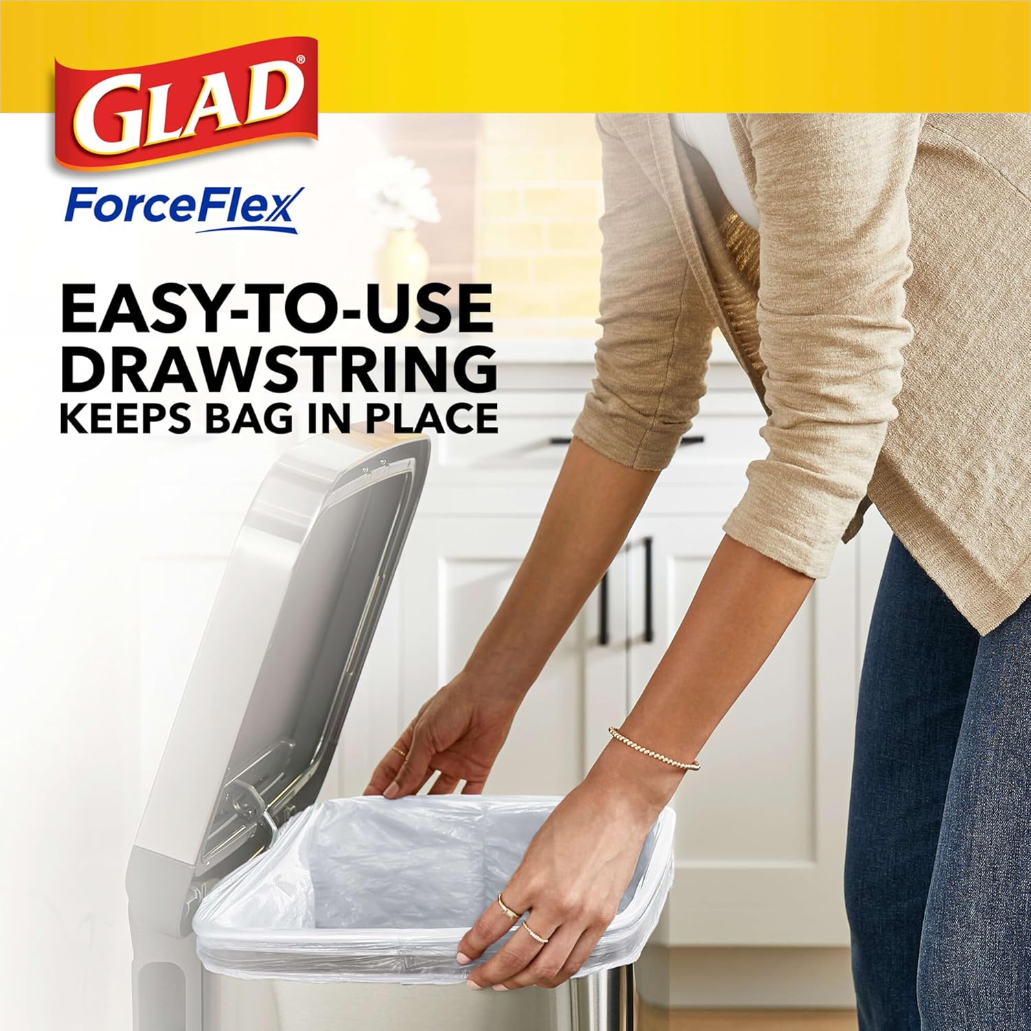 Glad Tall Kitchen Drawstring Trash Bags - Odorshield 13 Gallon White Trash Bag,