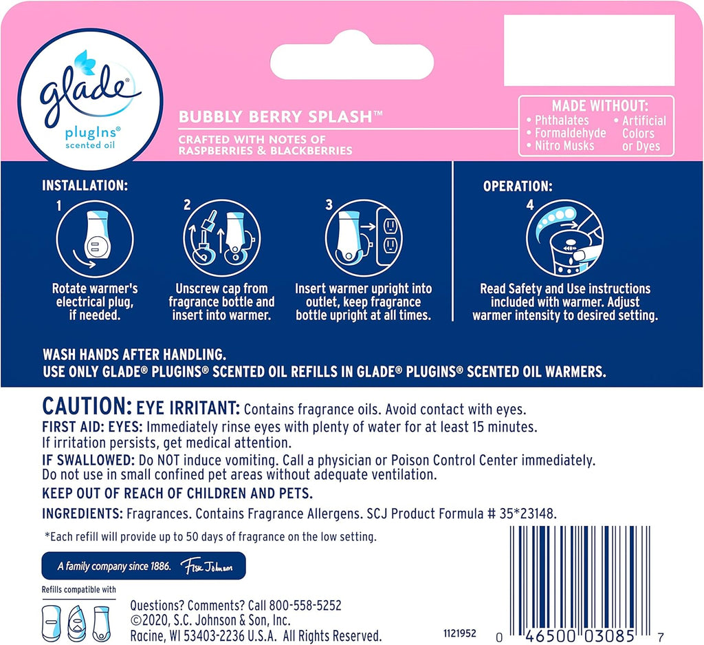 Glade PlugIns Refills Air Freshener, Scented and Essential Oils for Home and Bathroom,