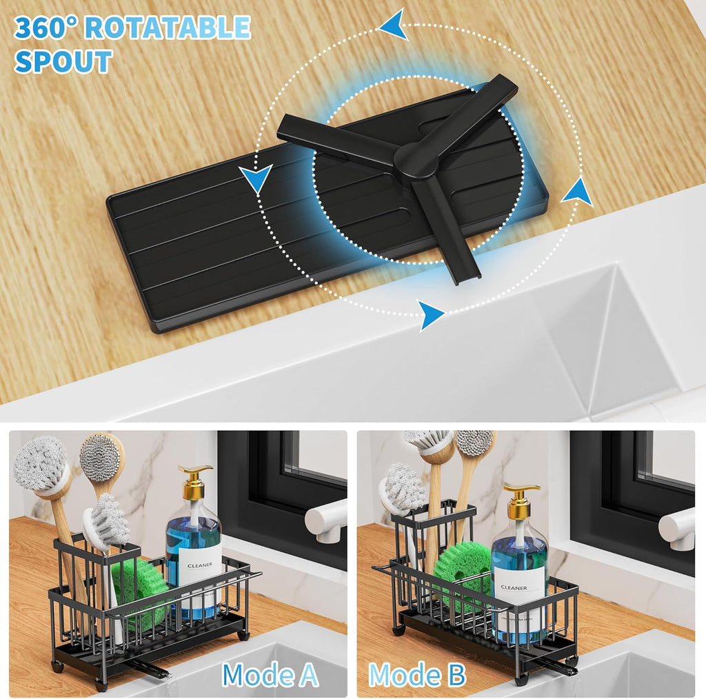 Cisily Black Sponge Holder for Kitchen Sink, Sink Caddy Organizer with High Brush Holder,